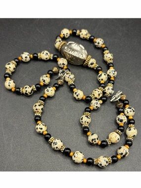 Hand Beaded Dalmatian Stone & Metal Bead Toggle Clasp Necklace, Stone Jewelry